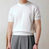 Wiaofellas  -  Men's Knitted T-shirt Spring Summer New Cashmere Short Sleeved Men Round Neck Solid Knit Pullover Casual Men's Clothing Tops