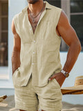 WIAOFELLAS  -  Summer new Cotton and Linen European American Men's Vest Shirt Shorts Set, Fashionable and Casual Loose Beach Vacation 2-pie Set