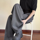 WIAOFELLAS  -  Vintage Striped Textured Lace-up Trousers Men Streetwear Fashion Loose Straight Pants Mens Spring Trendy Pleated Draped Bottoms