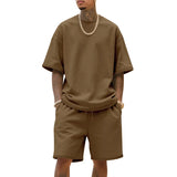 WIAOFELLAS  -  Men's Summer American-Style Loose Heavy Sweater High Street Hip-Hop Sport Short-Sleeved Set with Shorts