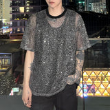 WIAOFELLAS  -  Men T Shirt Mesh See Through Shiny O-neck Short Sleeve Tee Tops Summer Streetwear Loose 2025 Party Sexy Men Clothing