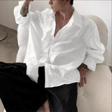 WIAOFELLAS  -  Men Shirt Solid Pleated Ruffle Lapel Long Sleeve Men Clothing Streetwear Loose Fashion Casual Tops Male Shirts S-5XL