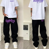 Wiaofellas Letter Print Baggy Jeans for Men Clothing Street Vintage Hip Hop Men Jeans Casual Wide Leg Jeans Men Sweatpants Pants