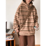 WIAOFELLAS  -  Vintage woolen striped knit hoodie autumn and winter warm hoodie wear fashion brand loose top