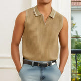 WIAOFELLAS  -  Spring Summer New Vintage Turn-down Collar Zipper Knit Polo Shirt Menasual Solid Sleeveless Tank Top Polo Tops Mens Streetwear