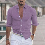 Wiaofellas  -  Men's Spring And Summer Cotton Linen Shirts New Men's Solid Color  Long Sleeve Shirt Loose Lapel Casual Beach Style Shirt
