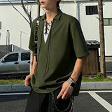 Wiaofellas  -  Men Shirt Lapel Short Sleeve Patchwork Lace Up Casual Men Clothing Streetwear Korean Style Summer Fashion Male Tops