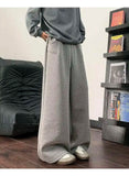 WIAOFELLAS  -  Koreann Style Men Sweatpants Casual Solid Color Drawstring Straight Fleece Bottom Elastic Waist Wide Leg Male Pants