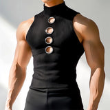 WIAOFELLAS  -  Men Tank Tops Solid Hollow Out Sexy Knitted Male Vests Summer Streetwear Tops Turtleneck Sleeveless Fashion Men Clothing