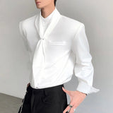 WIAOFELLAS  -  Men Shirt Solid Color Stand Collar Long Sleeve Men Clothing With Tie Streetwear Loose 2026 Fashion Casual Men Clothing