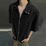 WIAOFELLAS  -  Niche Design Men's Shirts Double Zippers Metal Short Sleeved Ammerican Loose Summer Line Contrast Color Male Cloth 24K3796