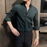 WIAOFELLAS  -  High End Business Formal Long Sleeve Striped Shirt for Men Casual V-Neck Slim Men's Dress Shirts Resistant Wrinkle Versatile Top