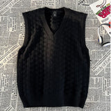 WIAOFELLAS  -  Fashion Fashion Lazy V-neck Knit Vest Men Autumn Winter Sleeveless Sweater  Pullover Sweater Vest Loose Diamond Solid Color