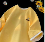 WIAOFELLAS  -  Waffle Colour Block False Two Piece T-Shirt Trendy Loose Fit Casual Clothing Men's Half Sleeve T-shirt Breathable Waffle Tops