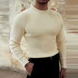 WIAOFELLAS  -  Trendy Bottoming Tees Mens Knitted Solid Color Texture Long Sleeve T-shirts For Men Spring Fall Stylish Slim Stretch O Neck Tops