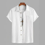 Wiaofellas  -  Men's White Textured Short Sleeve Shirt Summer Breathable Loose Fit Casual Streetwear Top Youth Lightweight Shirts