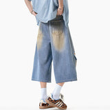 WIAOFELLAS  -  Summer Men's Jeans Contrast Color New Hole Dirty Dying New Washing Worn-out Wide Leg Loose Male Denim Shorts Tide