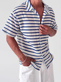 Wiaofellas  -  Daily Leisure Mens Short Sleeve Knit Shirt Summer Outdoor Casual Striped Knitted Cardigan Tops Men Stylish Buttoned Lapel Shirts