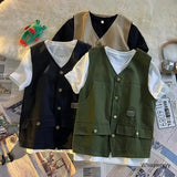 Wiaofellas - Japanese Fashion V-neck Casual Summer Vest Men's New Sleeveless Cargo Jacket Male Solid Wild Vintage Waistcoat Single-breasted