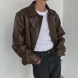 Wiaofellas  -  Vintage PU Leather Jackets Men Autumn Fashionable Solid Color Lapel Zip-up Leather Coats Men Stylish Loose Long Sleeve PU Jacket