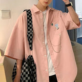 WIAOFELLAS  -  Summer New Turn-down Collar Fashion Half Sleeve Shirt Man High Street Casual Loose Button Cardigan Pockets Y2K Solid Color Tops