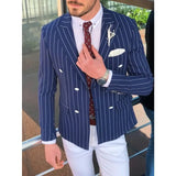 Wiaofellas  -  Stripe Peak Lapel Suits For Business Men 2 Piece Slim Fit Wedding Groom Tuxedo Double Breasted Fashion Blazer ( Jacket+Pants )