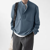 WIAOFELLAS  -  Men Shirt Solid Color Stand Collar Long Sleeve Loose Men Clothing Streetwear Korean Style Fashion Casual Shirts