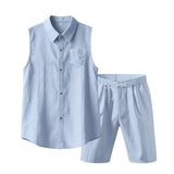 Wiaofellas  -  Men's Linen Sleeveless Shirt and Shorts Set Casual Two Piece Outfit