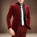 Wiaofellas  -  Business Suits For Men Slim Fit Groom Tuxedo Wedding Prom 2 Pcs Male Fashion Suit Burgundy Velvet Jacket With Pants