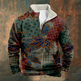 WIAOFELLAS  -  Men's Christmas Sweatshirt Elk Print Sweatshirts Patchwork Long Sleeve Stand Collar Zipper Casual Pullovers