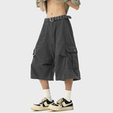 WIAOFELLAS  -  Summer Men's Shorts Casual Solid Color Side Big Pockets Pleated Design  Loose Straight Wide Leg Male Jeans Simple