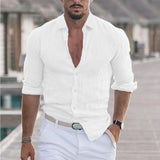 Wiaofellas  -  Men's Spring And Summer Cotton Linen Shirts New Men's Solid Color  Long Sleeve Shirt Loose Lapel Casual Beach Style Shirt