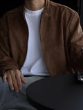 Wiaofellas  -  Early Autumn Brown Stand Collar Jacket Outerwear Loose American Sleeve Warm Gate Men's Fashion Stand Fit Long Sleeve
