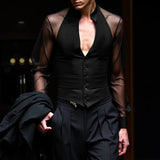 WIAOFELLAS  -  Men Shirt Mesh Patchwork V Neck Long Sleeve Transparent Sexy Casual Male Shirts Streetwear Fashion Party Camisas