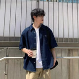 Wiaofellas  -  American Retro Blue Denim Short Sleeve Shirt Casual Loose Workwear Summer New Style Pocket Half Sleeve Shirt for Youth