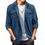 WIAOFELLAS  -  Fashion Suede Shirt For Men's Clothing Spring Autumn Casual Solid Color Pocket Long Sleeves Turn-down Collar Coats Loose Tops