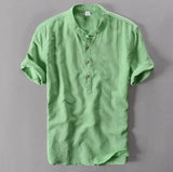 WIAOFELLAS  -  Mens Pullover Linen Shirts Short Sleeve Mens Quality Casual Shirts Slim fit Solid Mandarin Collar Cotton Shirts Men TS-155