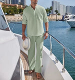 Wiaofellas  -  Men's Cotton and Linen Shirt Long Pants Two-piece Set Fashionable Henry Collar Long Sleeved Shirt Casual Vacation Beach Pants