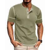 WIAOFELLAS  -  Summer Henry Collar T-Shirt for Men Solid Short Sleeve Button Casual Tshirt Fashion Tees Mens Clothing