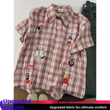 WIAOFELLAS  -  Blue Fun Embroidered ort Sve Plaid Men's irt Thin Design Sensation f Sve Cleanfit Trendy Brand Casual Summer irt