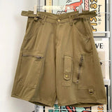 WIAOFELLAS  -  Men Jeans Solid Color American Style Belt Zipper Patchwork Casual Straight Bottom Wide Leg Loose Male Denim Shorts