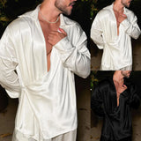 Wiaofellas  -  New Satin Smooth Men's Shirt, Fashion Business Casual Irregular V-neck Shirt, Comfortable Breathable Men's Shirt