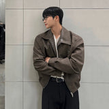 WIAOFELLAS  -  Korean Style Men's Jackets PU Leather Solid Color Turn-down Collar Loose Menswear Casual Zipper Male Coats 2025 Spring