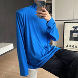 WIAOFELLAS  -  new spring men's t-shirt Turtleneck pile collar shoulder pad long sleeve slim fit tops solid color blue pullover tops