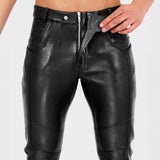 Wiaofellas  -  Men Punk Faux Leather Pants Slim Fit Ankle‑Tied Biker Motorcycle Trousers Zipper Long Pants Nightclub Streetwear Casual Trousers