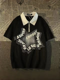 Wiaofellas  -  Retro Star Polo Collar Short Sleeve T Shirt Unisex Vintage Half Zip Loose Couple Top Casual Hong Kong Style Daily Street