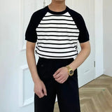 WIAOFELLAS  -  T-shirts Men Simple Mature Daily Casual Summer Striped Fashion Breathable All-match Korean Style Shinny Cozy Soft Handsome New