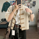 Wiaofellas  -  Men's Shirt Patchwork Color-block Stand Collar Vintage Men Clothes Tops Summer Half Sleeve Casual Shirts For Man
