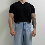 WIAOFELLAS  -  Summer New Men's Solid Color V-Neck T-Shirt American Retro Fashion Trend Simple Casual Loose Breathable Niche 2025 Men's Tops