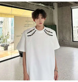 WIAOFELLAS  -  Stylish Men's T-shirts Metal Buckle Patchwork Round Collar Solid Color Niche Tops Short Sleeved Loose Male Tees